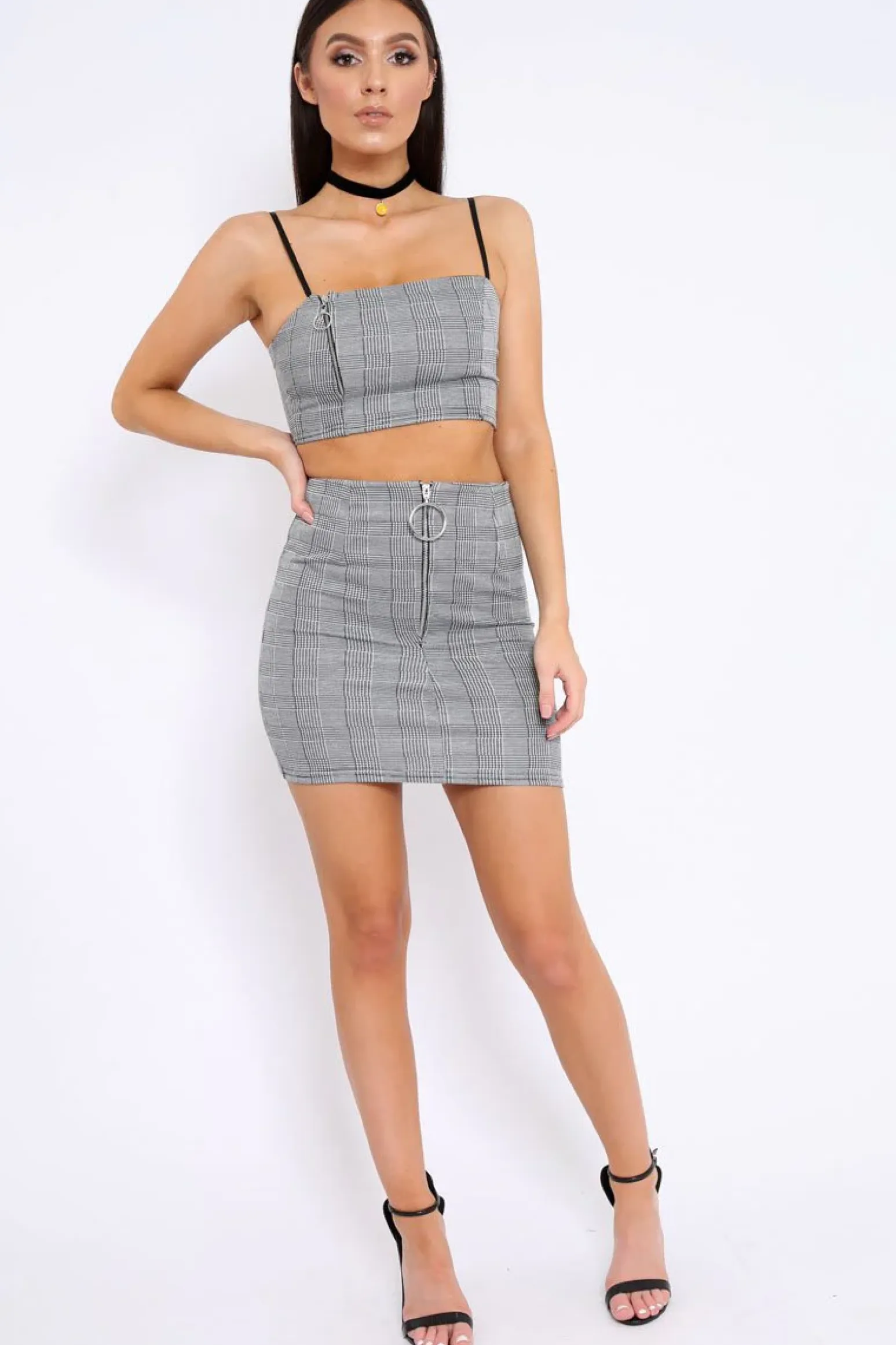 Rebellious Fashion Grey Tartan Crop Top and Skirt Co-ord - Edina
