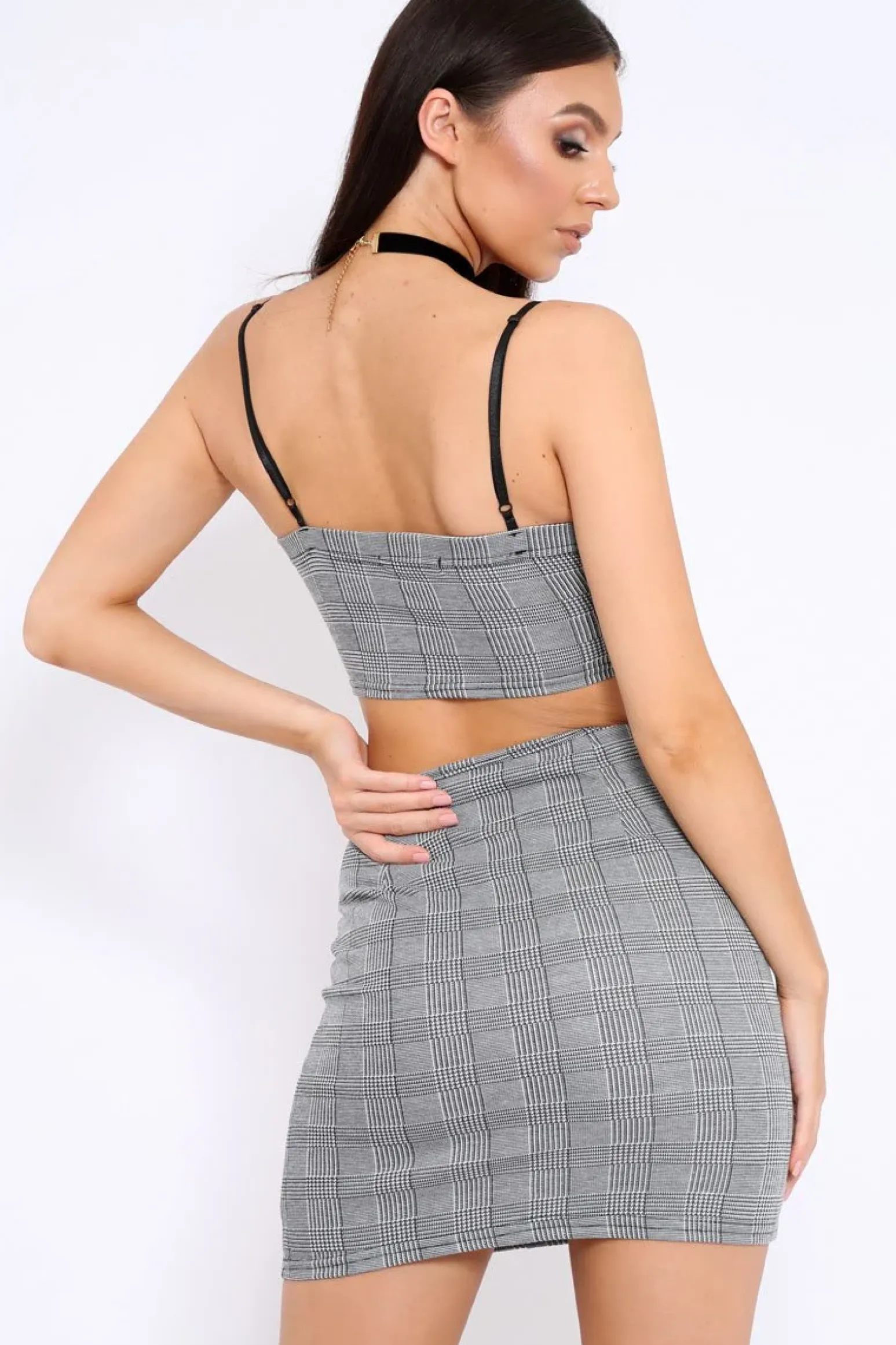 Rebellious Fashion Grey Tartan Crop Top and Skirt Co-ord - Edina