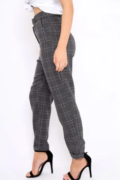 Rebellious Fashion Grey Tartan Ring Belted Tapered Trousers - Klara