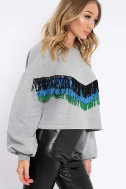 Rebellious Fashion Grey Tassel Front Cropped Jumper - Cosima