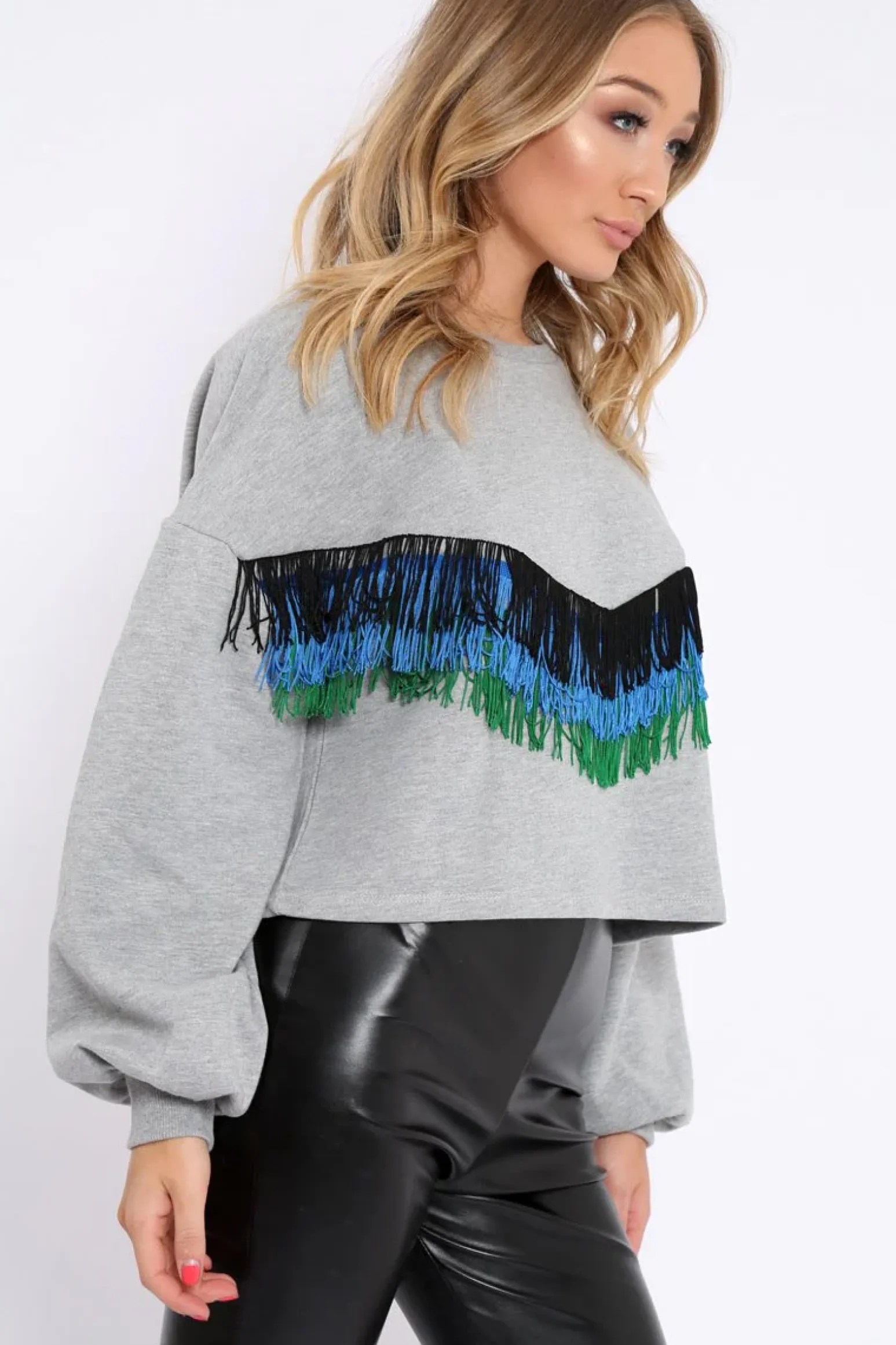 Rebellious Fashion Grey Tassel Front Cropped Jumper - Cosima