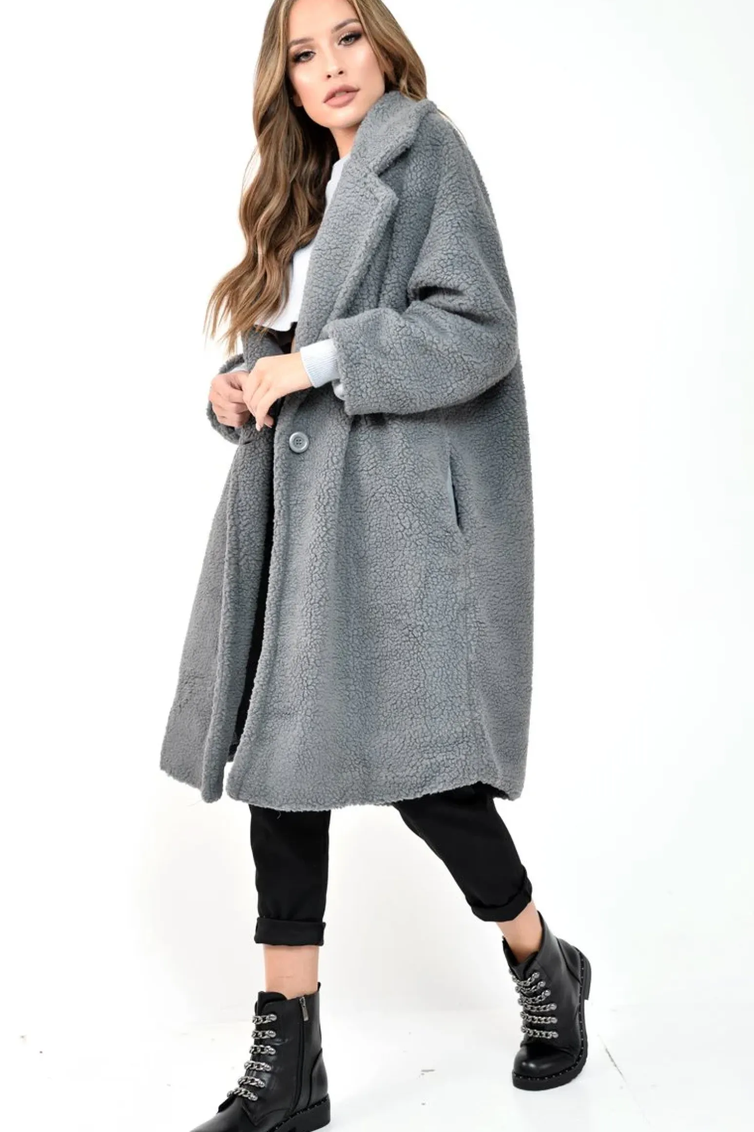Rebellious Fashion Grey Teddy Long Double Breasted Coat - Miriam