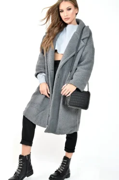 Rebellious Fashion Grey Teddy Long Double Breasted Coat - Miriam