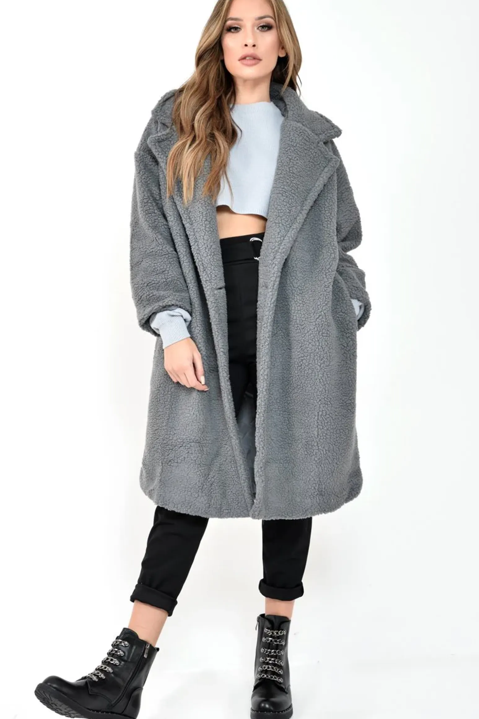 Rebellious Fashion Grey Teddy Long Double Breasted Coat - Miriam