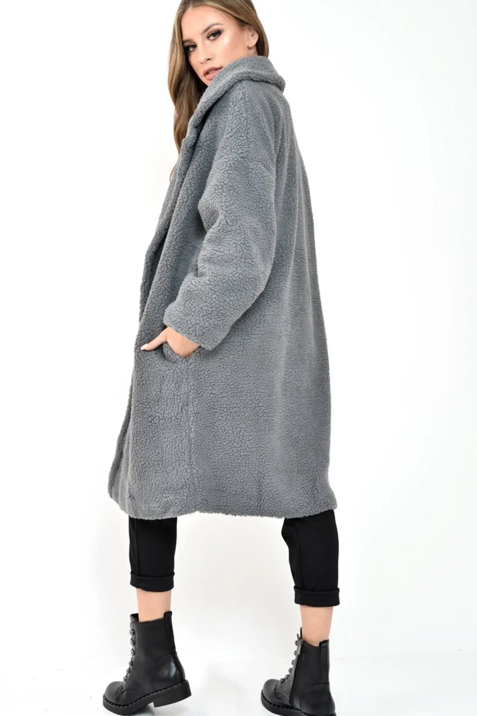 Rebellious Fashion Grey Teddy Long Double Breasted Coat - Miriam