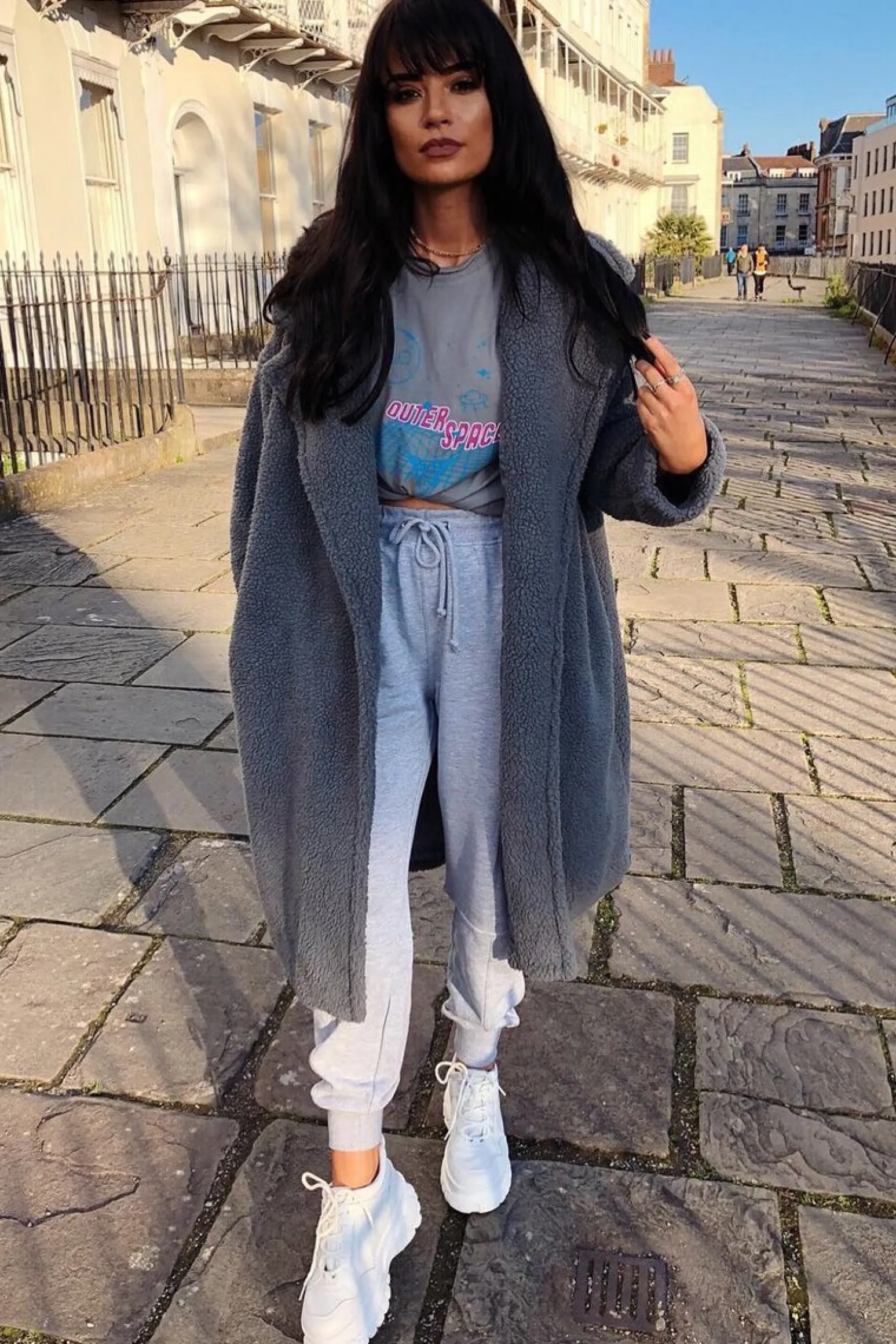 Rebellious Fashion Grey Teddy Long Double Breasted Coat - Miriam