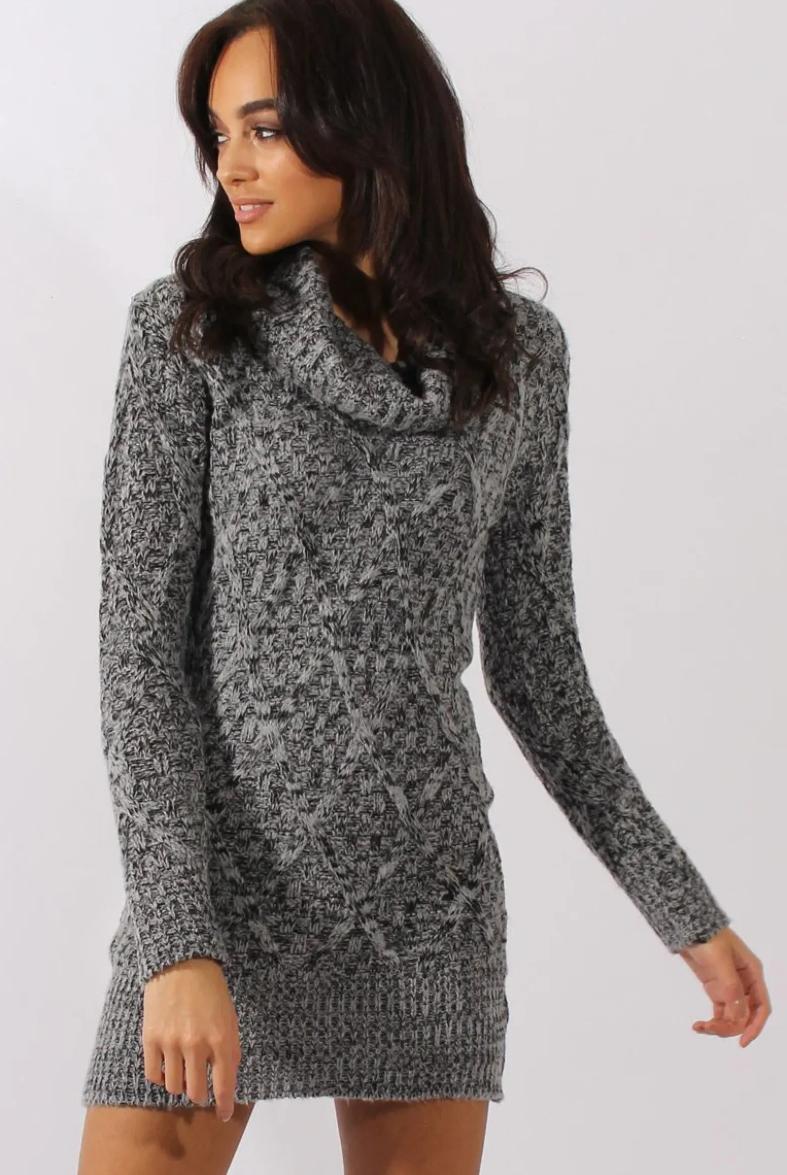 Rebellious Fashion Grey Thick Knit Turtleneck Jumper Dress - Jameigh