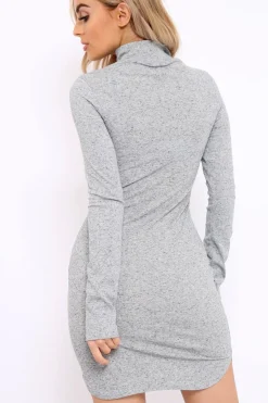 Rebellious Fashion Grey Thin Knit Roll Neck Jumper Dress - Lacy