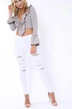 Rebellious Fashion Grey Tie Front Bell Sleeve Crop Top - Angelina