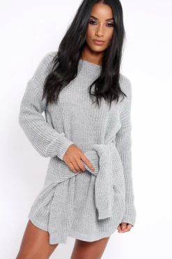 Rebellious Fashion Grey Tie Front Knitted Jumper Dress - Harley