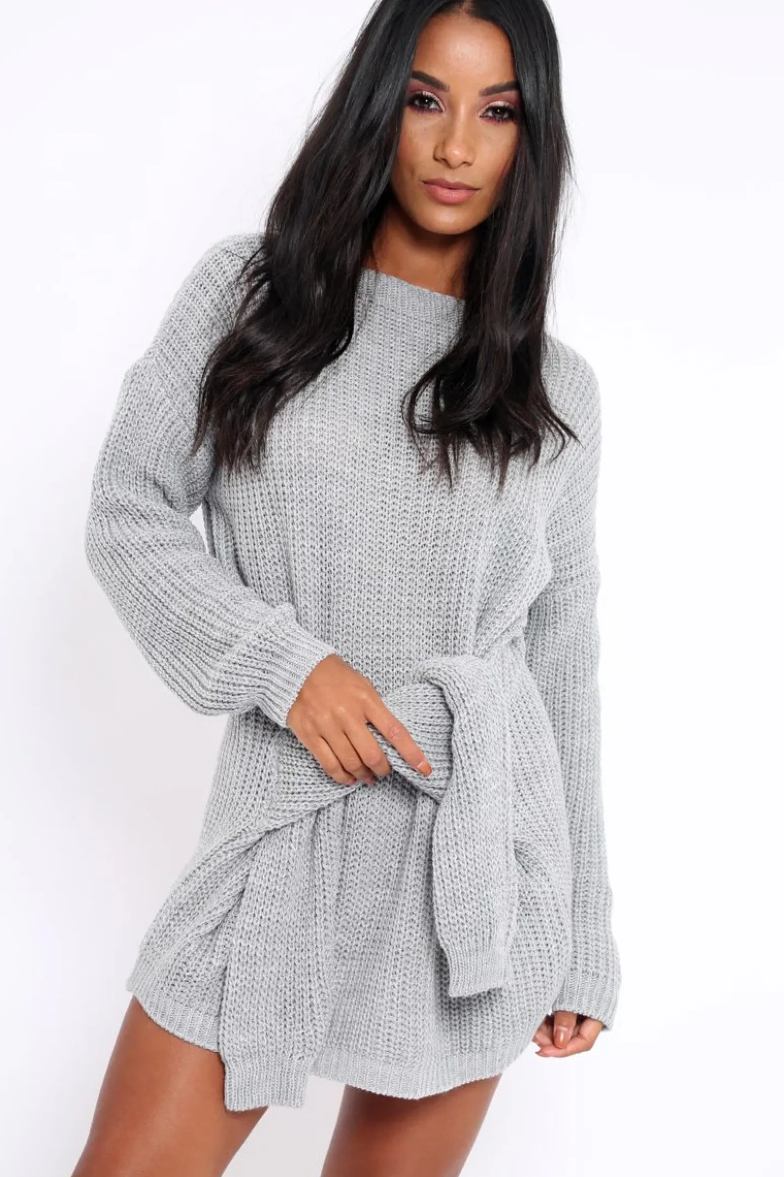 Rebellious Fashion Grey Tie Front Knitted Jumper Dress - Harley