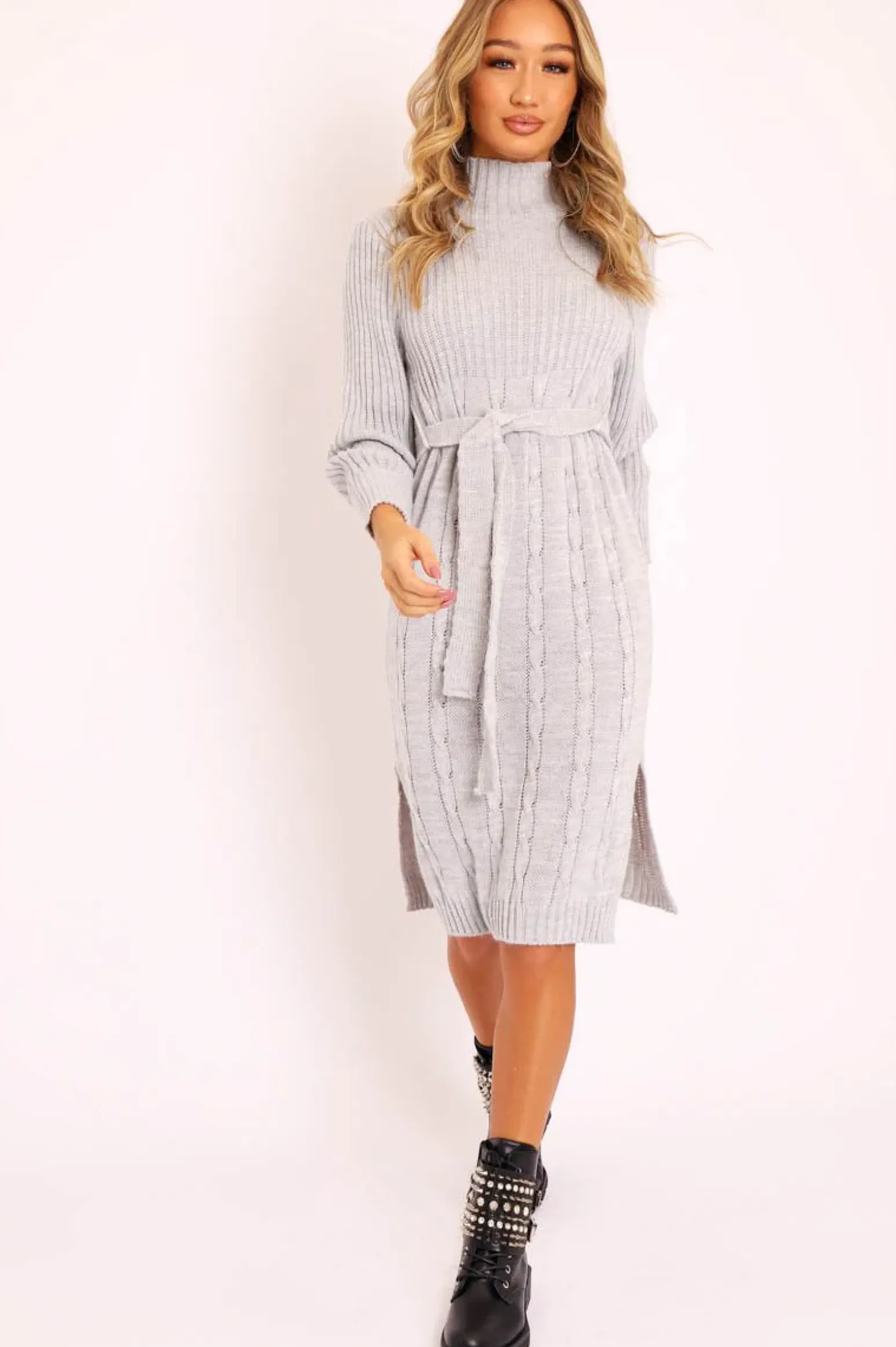 Rebellious Fashion Grey Tie Waist High Neck Midi Jumper Dress - Ennie