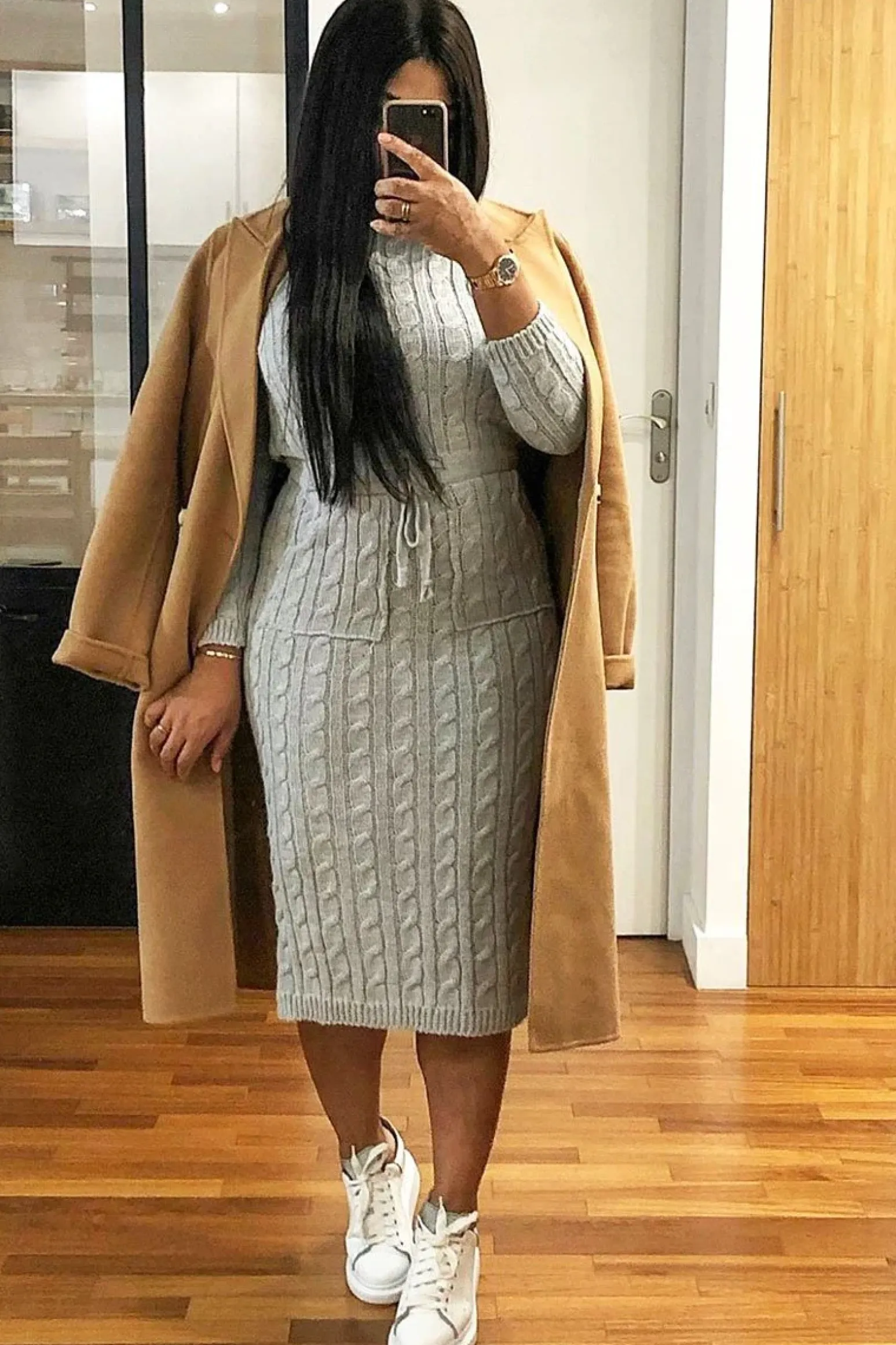 Rebellious Fashion Grey Tie Waist High Neck Midi Jumper Dress - Ennie