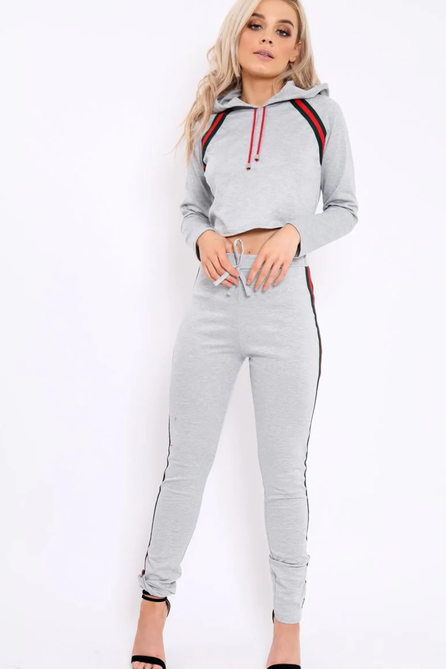 Rebellious Fashion Grey Tracksuit with Khaki and Red Side Stripe - Beatrix