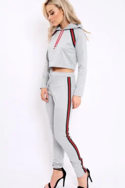 Rebellious Fashion Grey Tracksuit with Khaki and Red Side Stripe - Beatrix