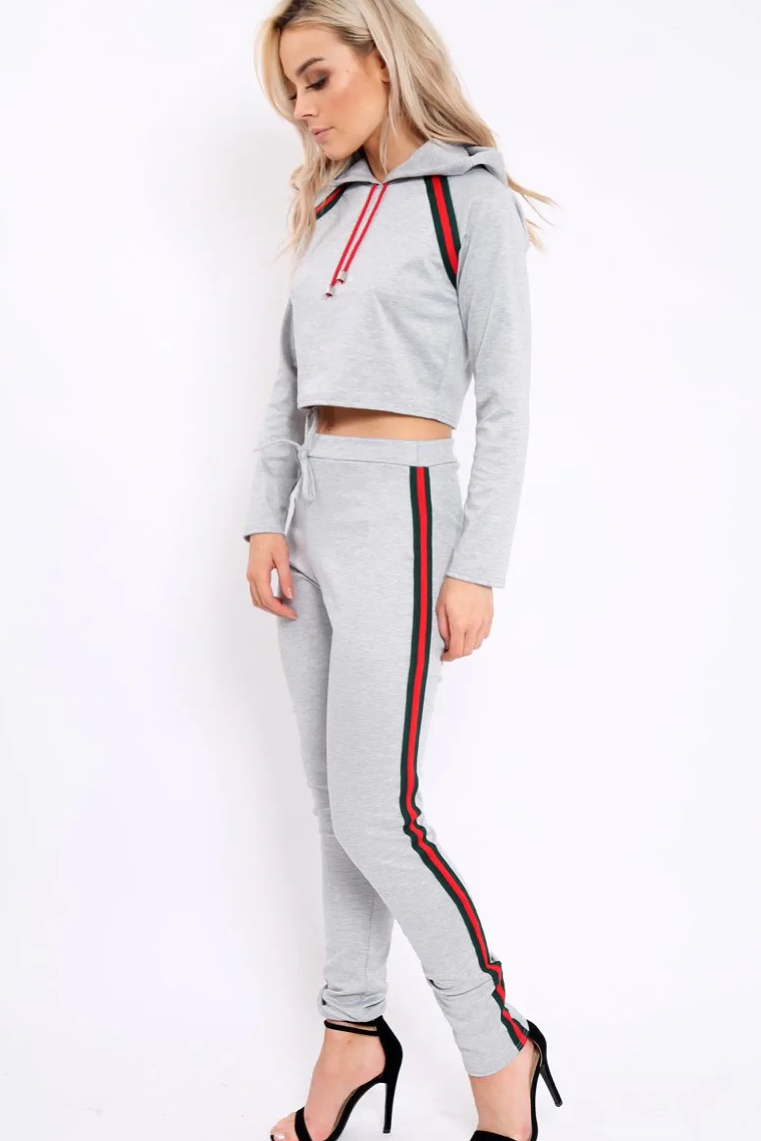 Rebellious Fashion Grey Tracksuit with Khaki and Red Side Stripe - Beatrix