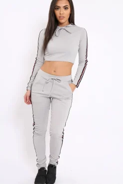 Rebellious Fashion Grey Tracksuit with Red White and Black Side Stripe - Kasey