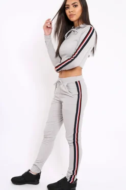 Rebellious Fashion Grey Tracksuit with Red White and Black Side Stripe - Kasey