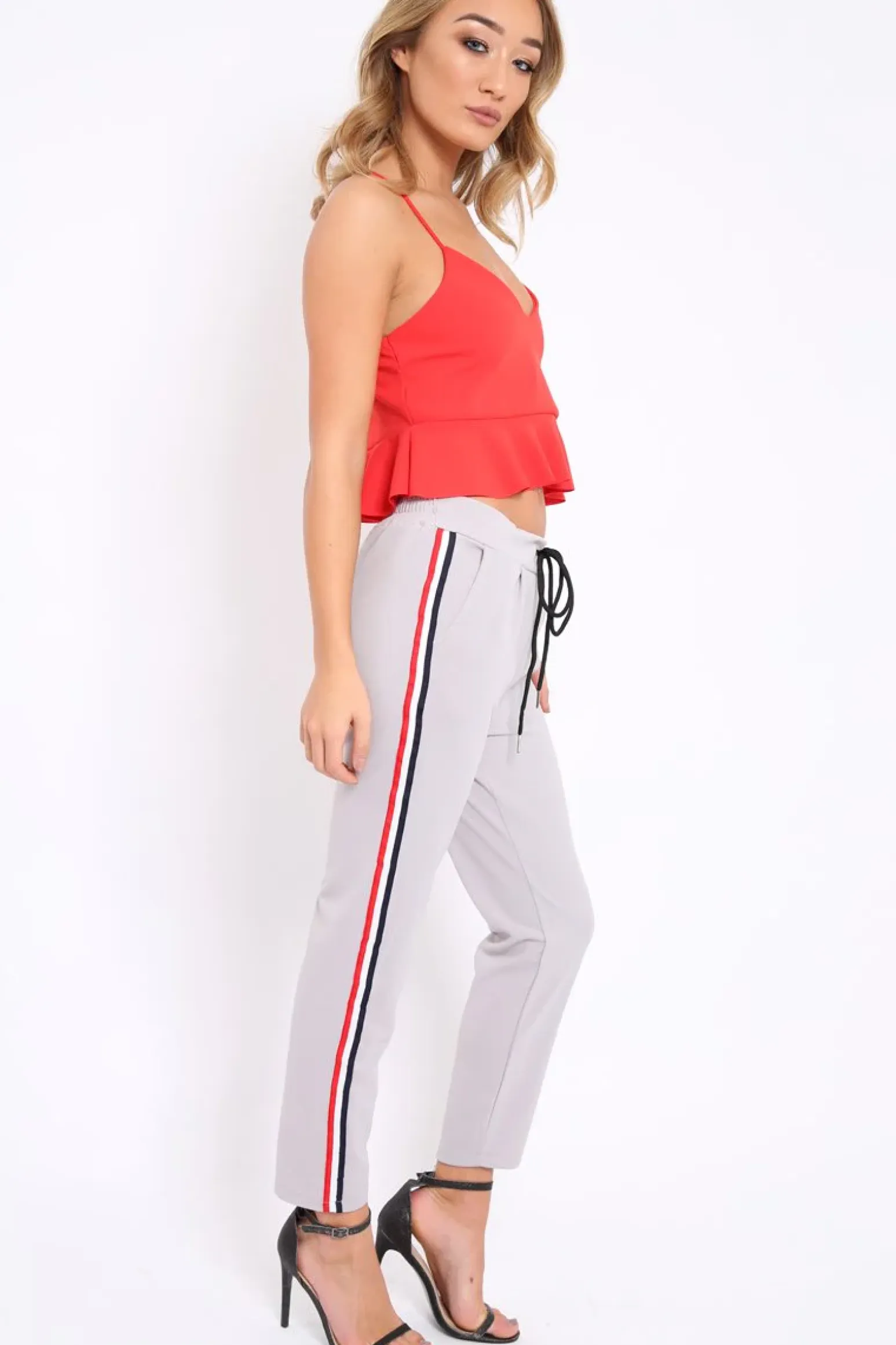 Rebellious Fashion Grey Trousers with Red Blue and White Side Stripe - Savanna