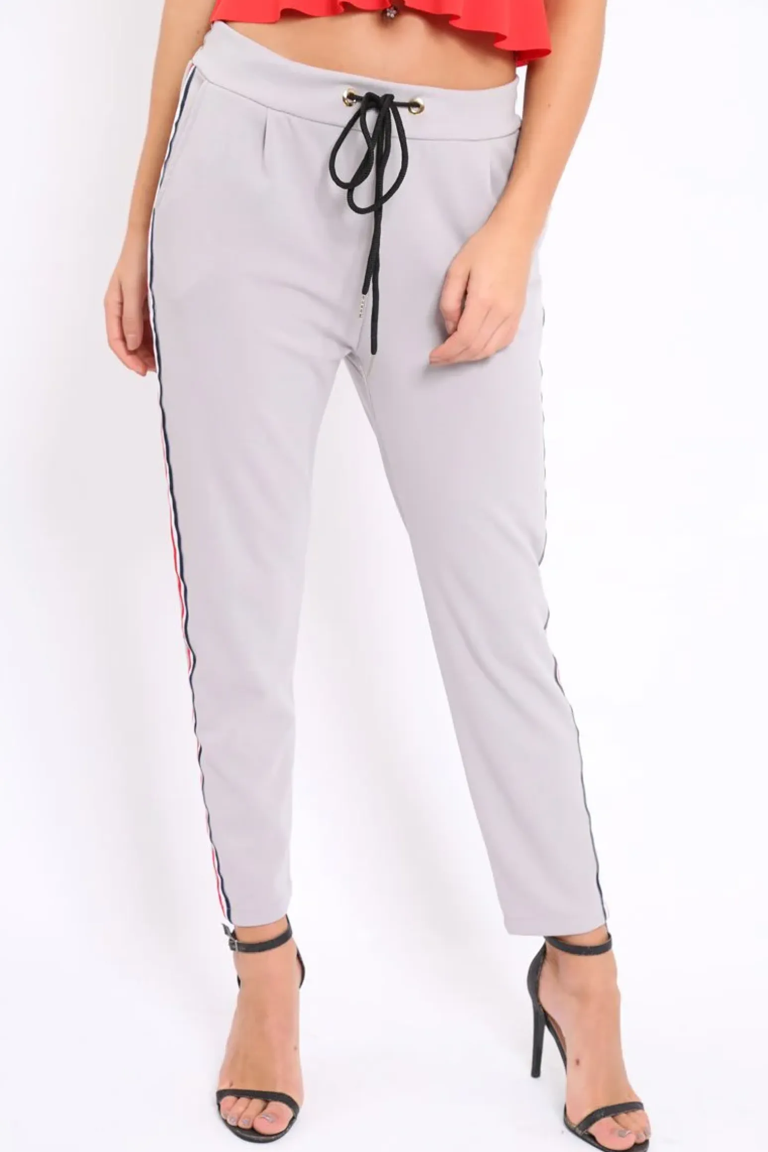 Rebellious Fashion Grey Trousers with Red Blue and White Side Stripe - Savanna