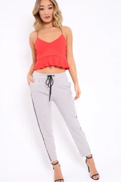 Rebellious Fashion Grey Trousers with Red Blue and White Side Stripe - Savanna