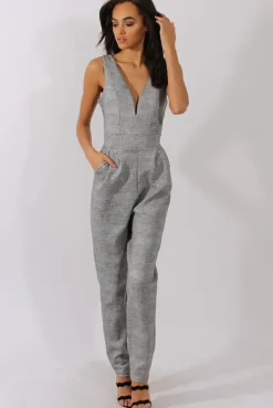 Rebellious Fashion Grey Tweed Print Plunging Fitted Jumpsuit - Dubai