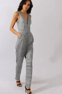 Rebellious Fashion Grey Tweed Print Plunging Fitted Jumpsuit - Dubai