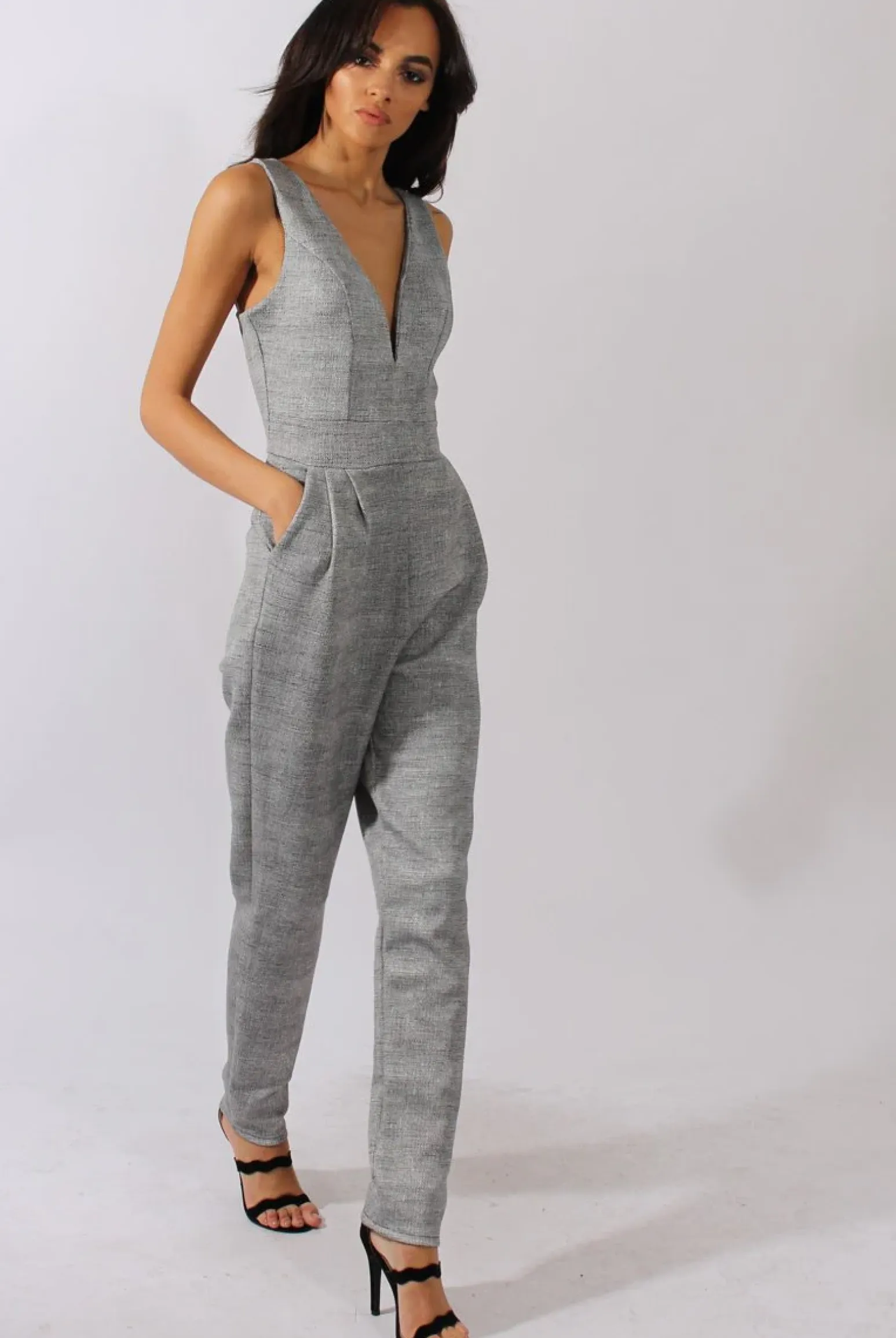 Rebellious Fashion Grey Tweed Print Plunging Fitted Jumpsuit - Dubai
