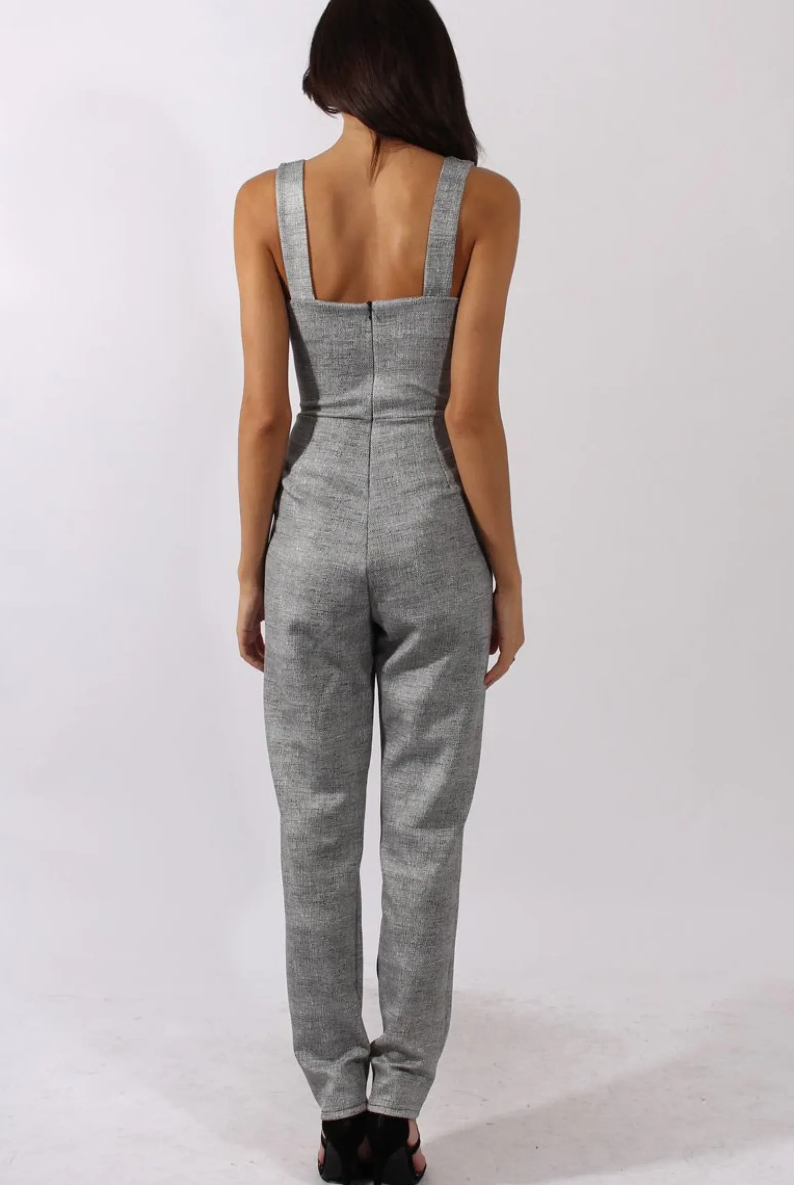 Rebellious Fashion Grey Tweed Print Plunging Fitted Jumpsuit - Dubai