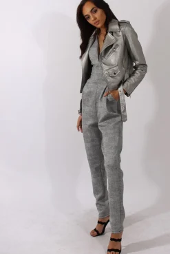 Rebellious Fashion Grey Tweed Print Plunging Fitted Jumpsuit - Dubai