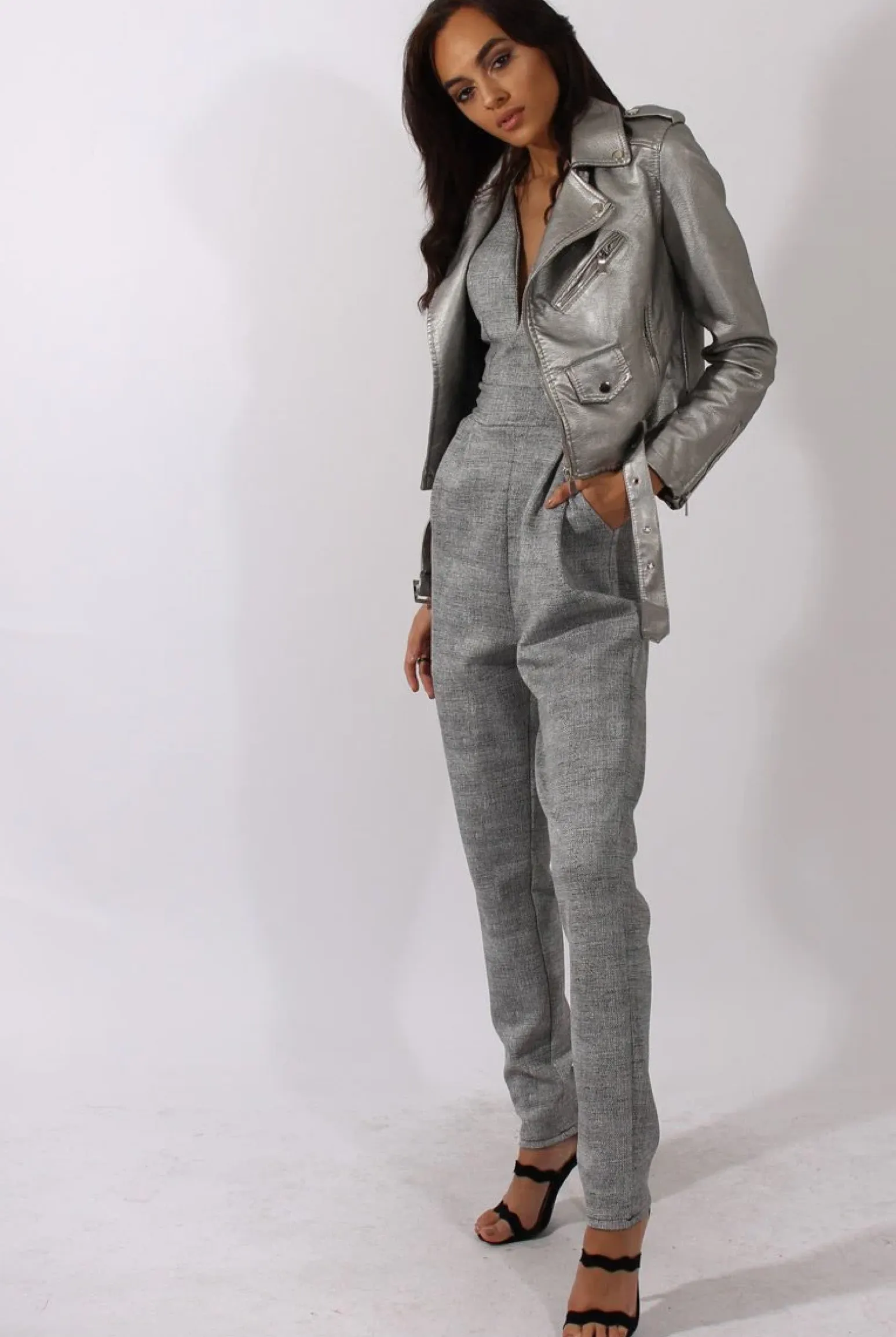 Rebellious Fashion Grey Tweed Print Plunging Fitted Jumpsuit - Dubai