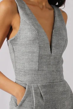 Rebellious Fashion Grey Tweed Print Plunging Fitted Jumpsuit - Dubai