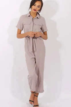 Rebellious Fashion Grey Utility Tie Waist Pocket Jumpsuit - Kai