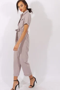 Rebellious Fashion Grey Utility Tie Waist Pocket Jumpsuit - Kai