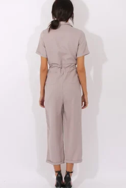 Rebellious Fashion Grey Utility Tie Waist Pocket Jumpsuit - Kai