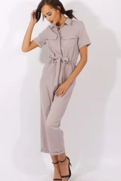 Rebellious Fashion Grey Utility Tie Waist Pocket Jumpsuit - Kai