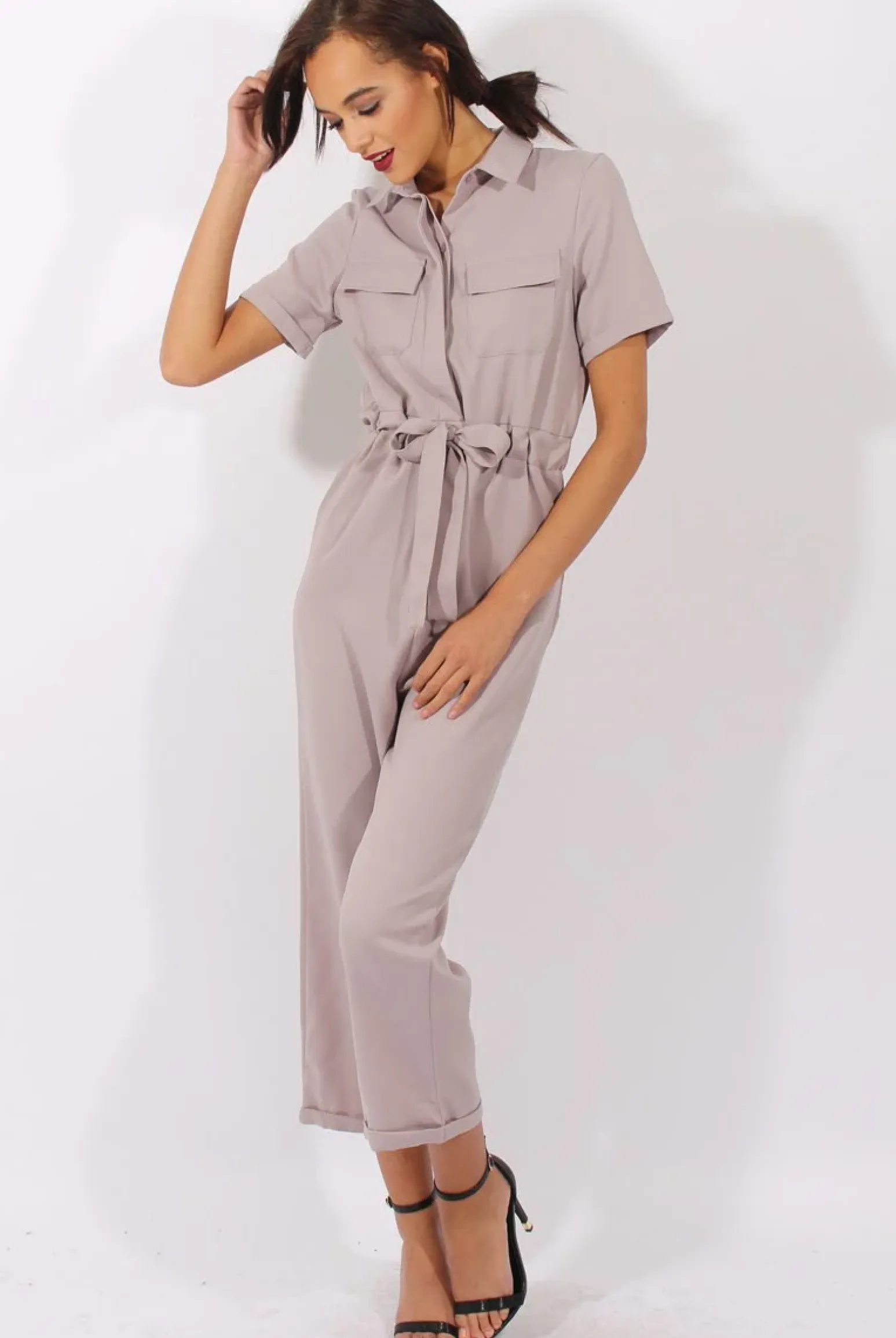 Rebellious Fashion Grey Utility Tie Waist Pocket Jumpsuit - Kai