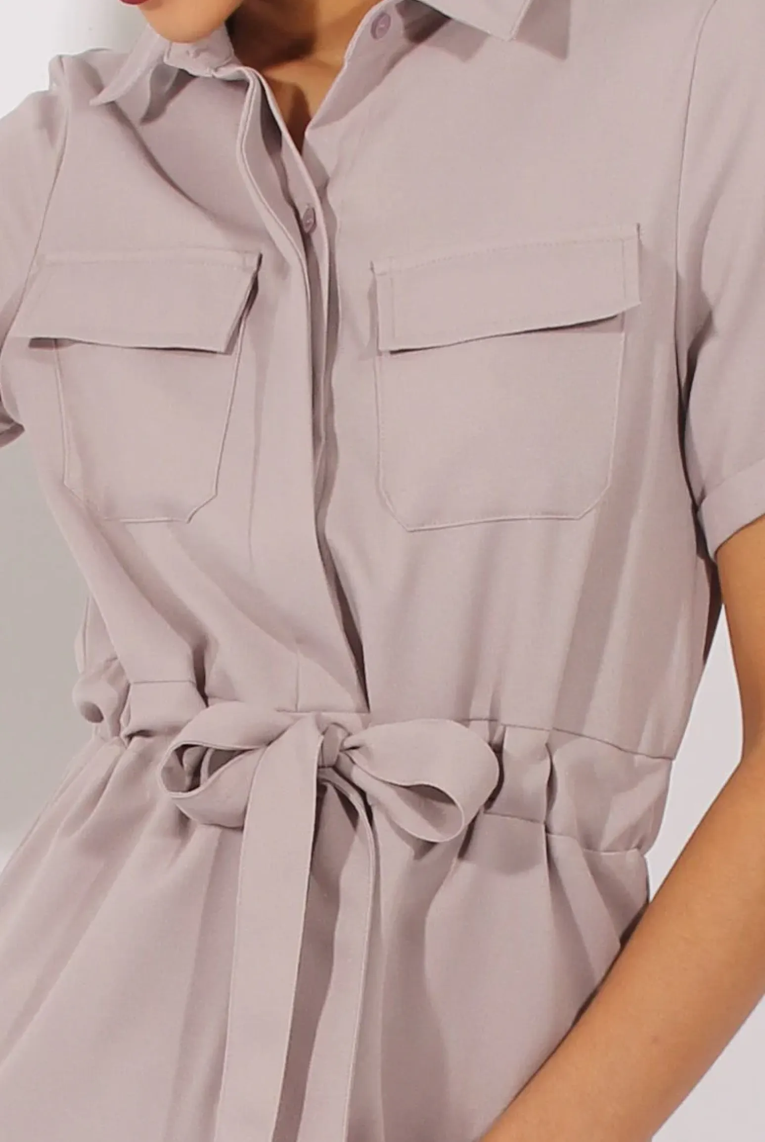 Rebellious Fashion Grey Utility Tie Waist Pocket Jumpsuit - Kai