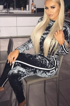 Rebellious Fashion Grey Velvet Striped Trim Co-ord Set - Beau