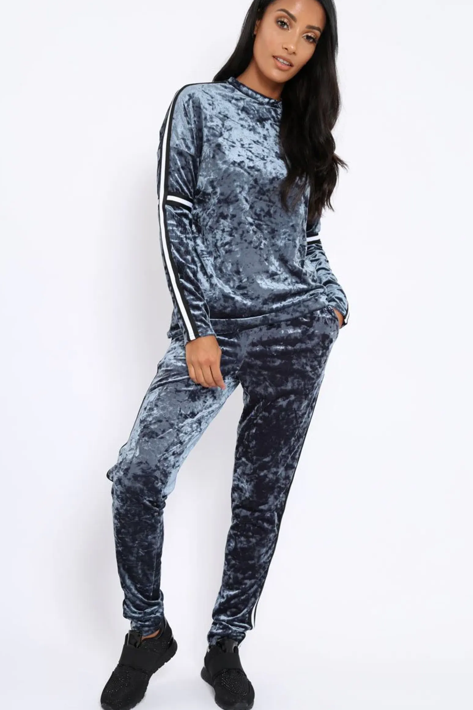 Rebellious Fashion Grey Velvet Striped Trim Co-ord Set - Beau