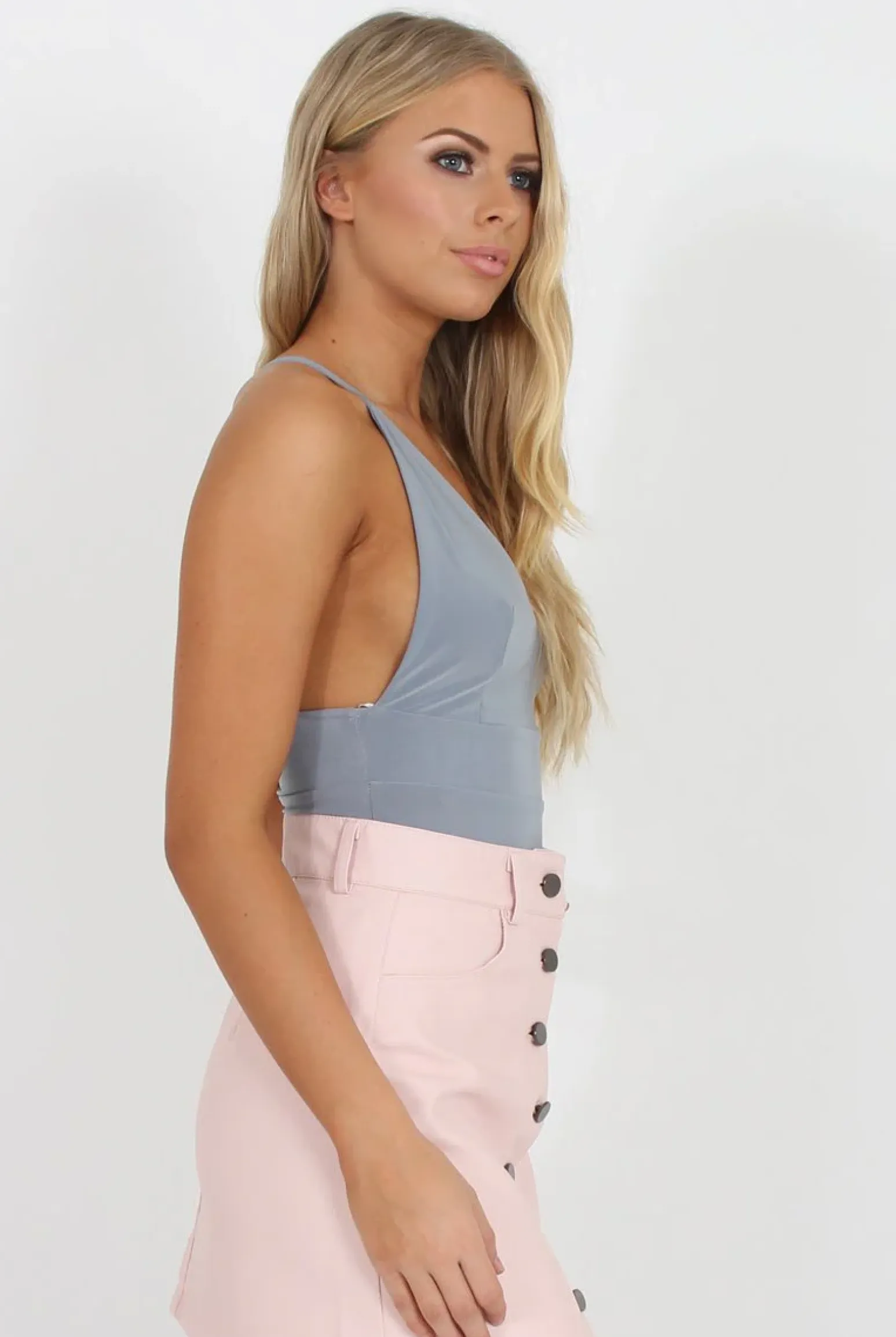 Rebellious Fashion Grey V Front Bodysuit - Jill