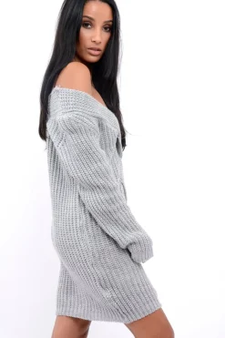 Rebellious Fashion Grey V Neck Twist Knit Jumper Dress - Tilly