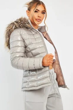 Rebellious Fashion Grey Wet Look Puffer Coat - Soph