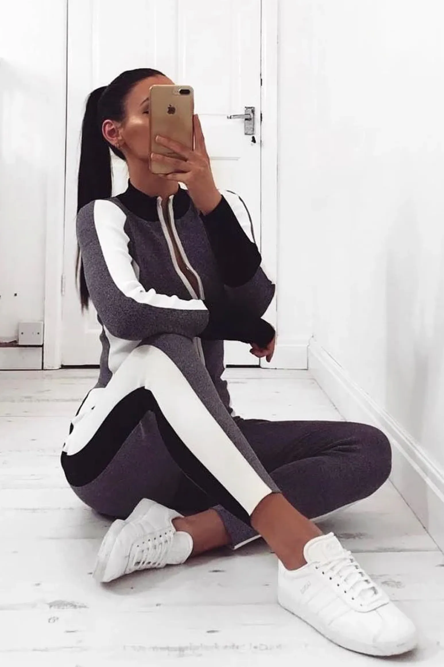 Rebellious Fashion Grey White and Black Striped Tracksuit - Cayla