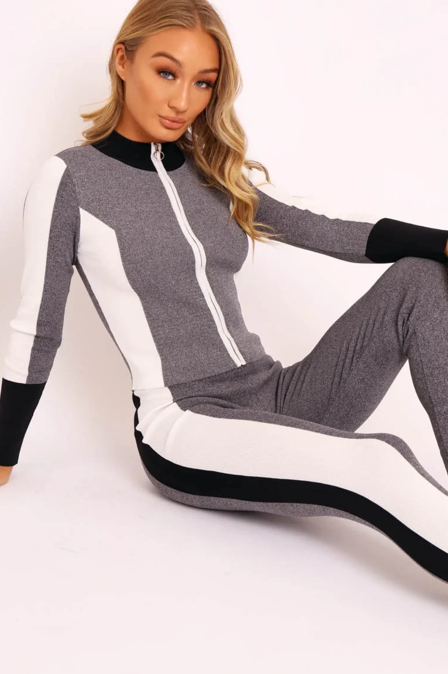 Rebellious Fashion Grey White and Black Striped Tracksuit - Cayla