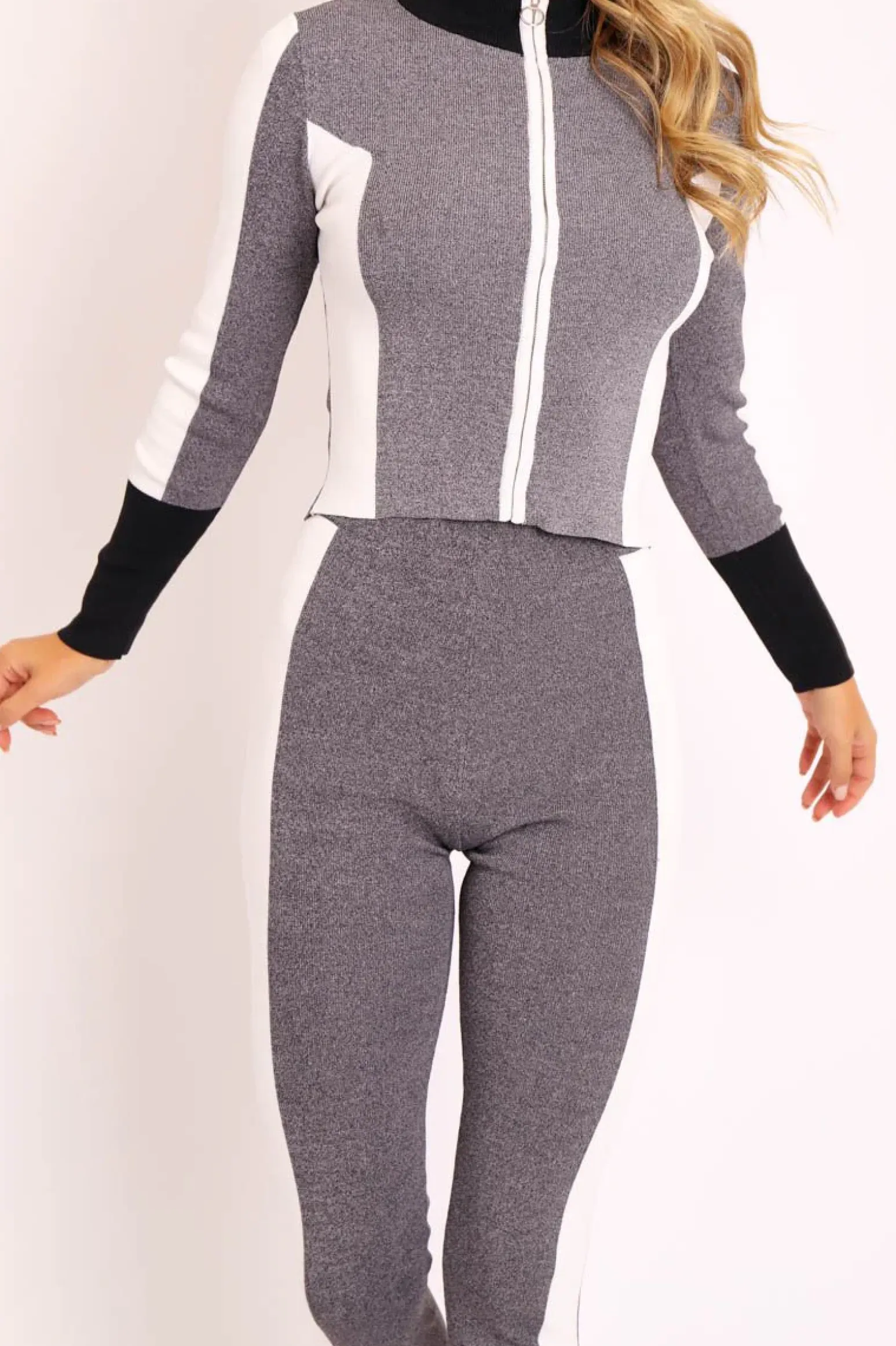 Rebellious Fashion Grey White and Black Striped Tracksuit - Cayla