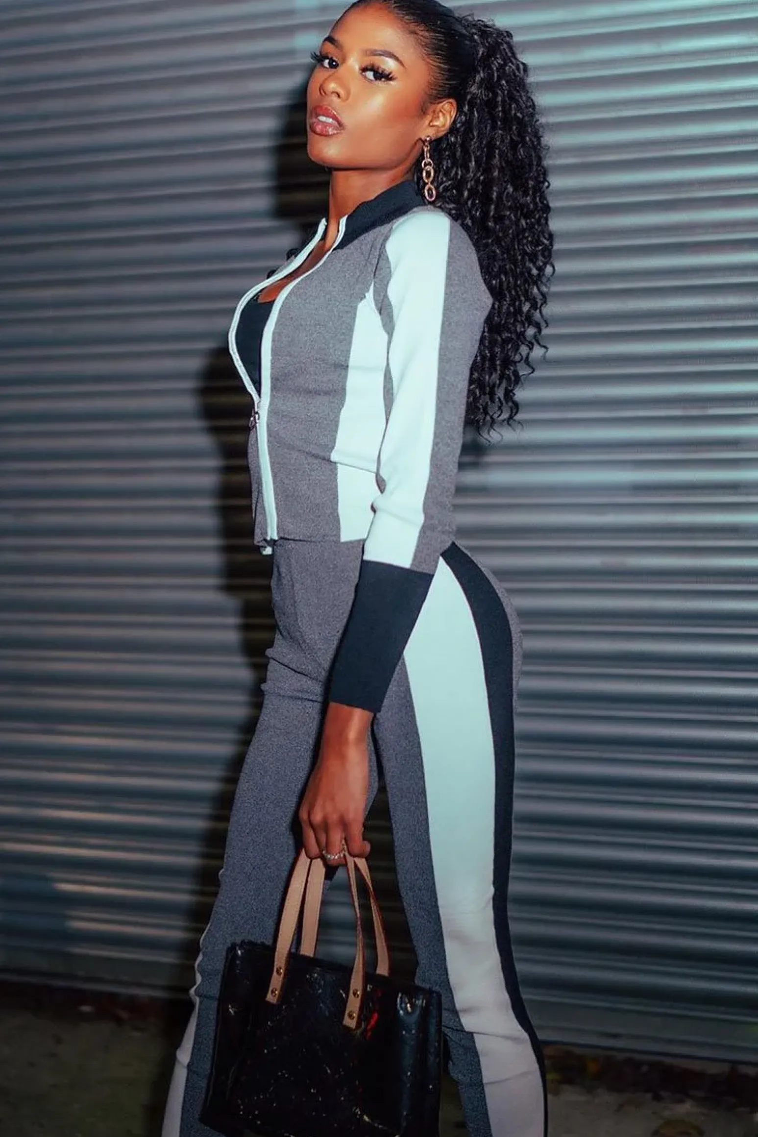 Rebellious Fashion Grey White and Black Striped Tracksuit - Cayla