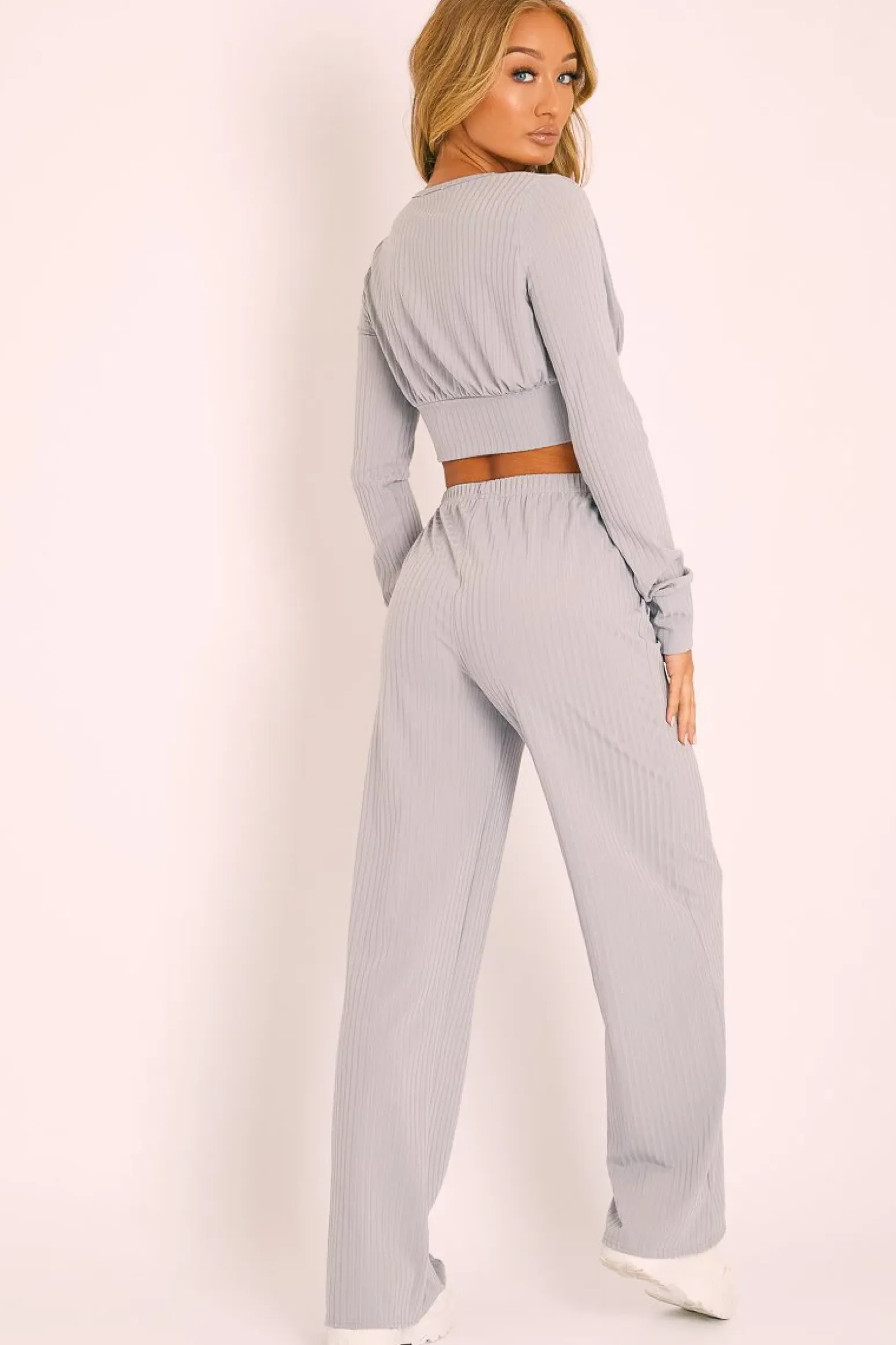 Rebellious Fashion Grey Wide Leg Ribbed Plunge Neck Co-ord - Brooke