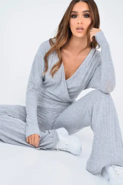 Rebellious Fashion Grey Wide Leg Rib Plunge Jersey Jumpsuit - Tarlia