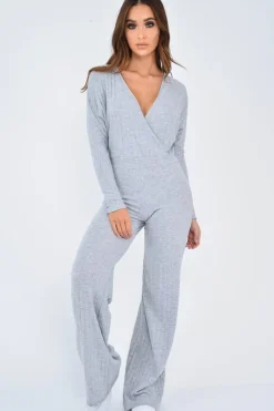 Rebellious Fashion Grey Wide Leg Rib Plunge Jersey Jumpsuit - Tarlia